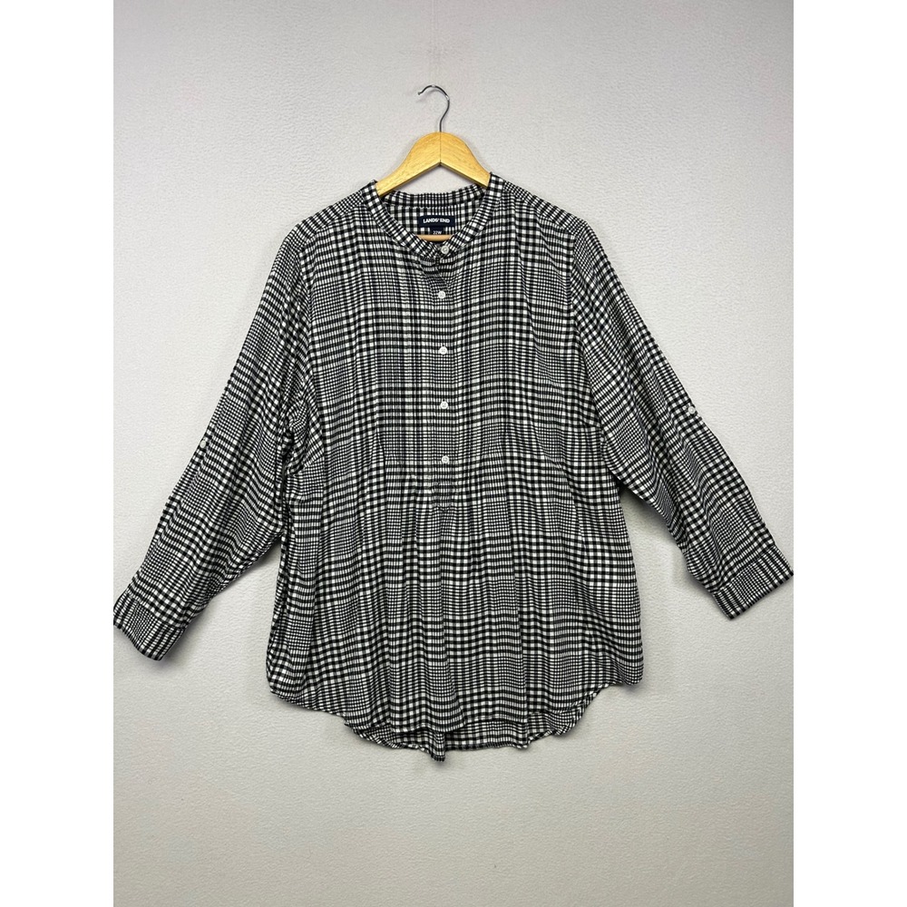 Classic Preppy Lands End Womens 22W Black White Plaid Pintuck Tunic Blouse